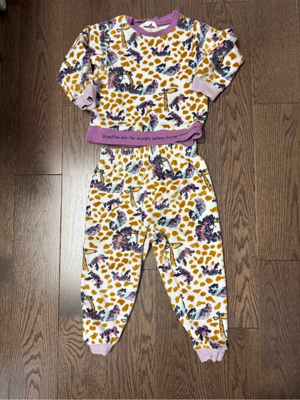Roald Dahl Girls' Giraffe Print Pajama Set with Purple Trim 2/3 years